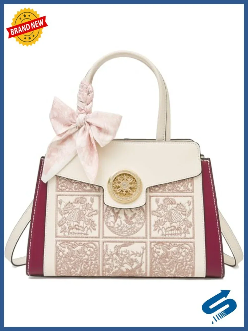 Leather Tote Handbag with Embroidery, Crossbody Purse with Fox Head Pendant